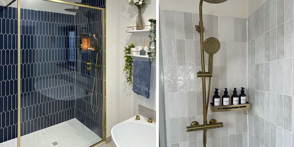 (Left) Vertical, hexagonal nautilus navy metro tiles, (Right) Vertical Windsor pearl metro tiles